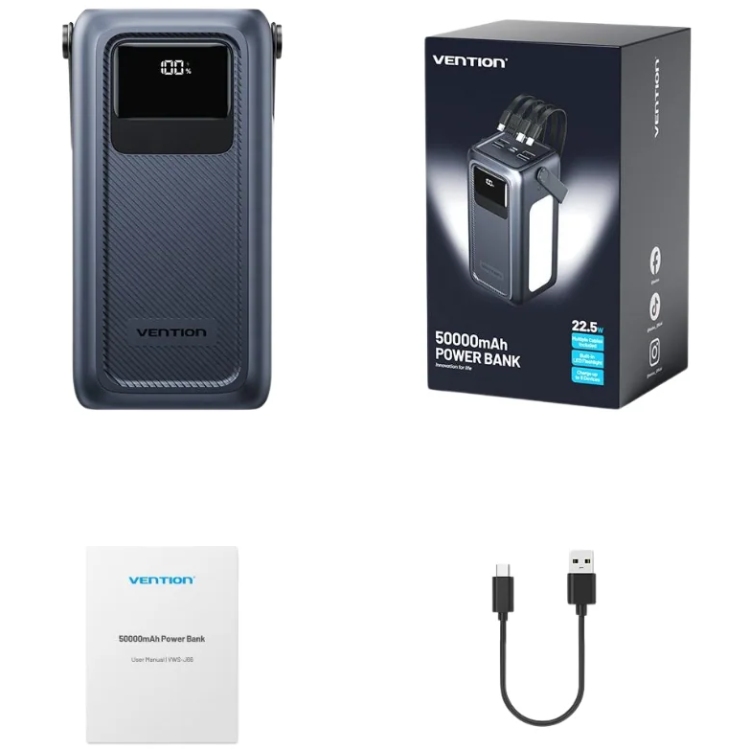 УМБ Vention 50000mAh 22,5W PD,QC, 4xUSB-A/Micro-B/USB-C/ with Built-in cables Gray (FKWH0) на малюнкі №5