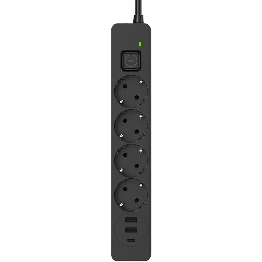 Мережевий фільтр-подовжувач СolorWay 4 розетки/3USB (2USB-A + 1 TYPE-C) (24W) Black 2M (CW-CHE432PDB) Чорний на малюнкі №1