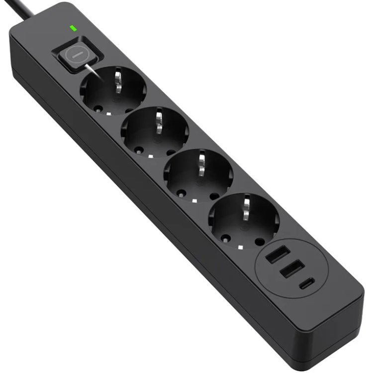 Мережевий фільтр-подовжувач СolorWay 4 розетки/3USB (2USB-A + 1 TYPE-C) (24W) Black 2M (CW-CHE432PDB) Чорний на малюнкі №3