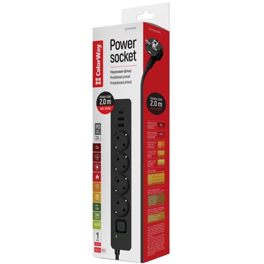 Мережевий фільтр-подовжувач СolorWay 4 розетки/3USB (2USB-A + 1 TYPE-C) (24W) Black 2M (CW-CHE432PDB) Чорний на малюнкі №5