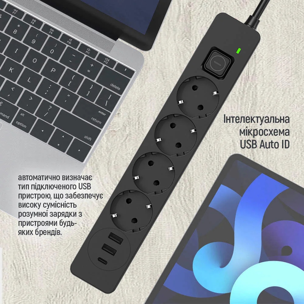 Мережевий фільтр-подовжувач СolorWay 4 розетки/3USB (2USB-A + 1 TYPE-C) (24W) Black 2M (CW-CHE432PDB) Чорний на малюнкі №8