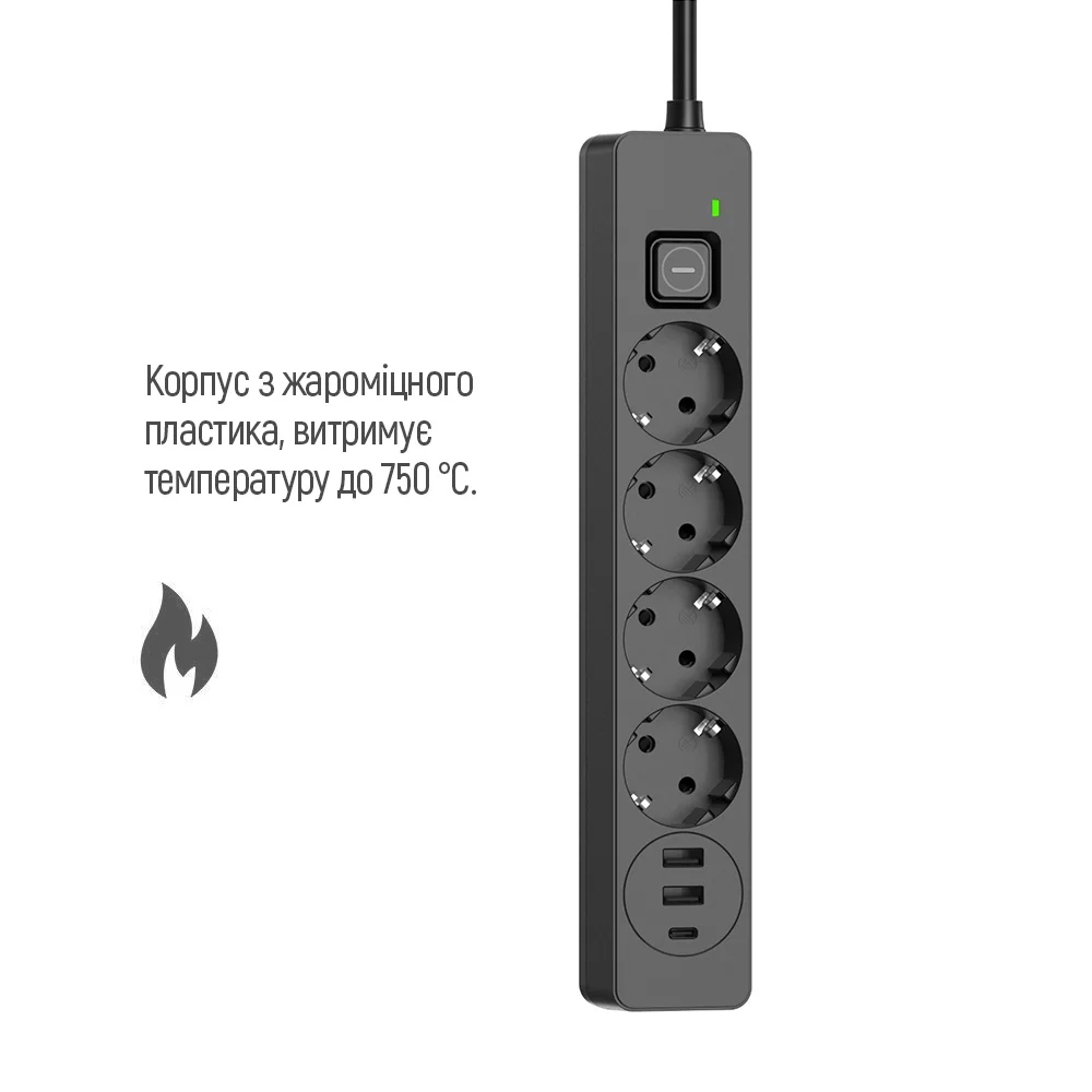 Мережевий фільтр-подовжувач СolorWay 4 розетки/3USB (2USB-A + 1 TYPE-C) (24W) Black 2M (CW-CHE432PDB) Чорний на малюнкі №9