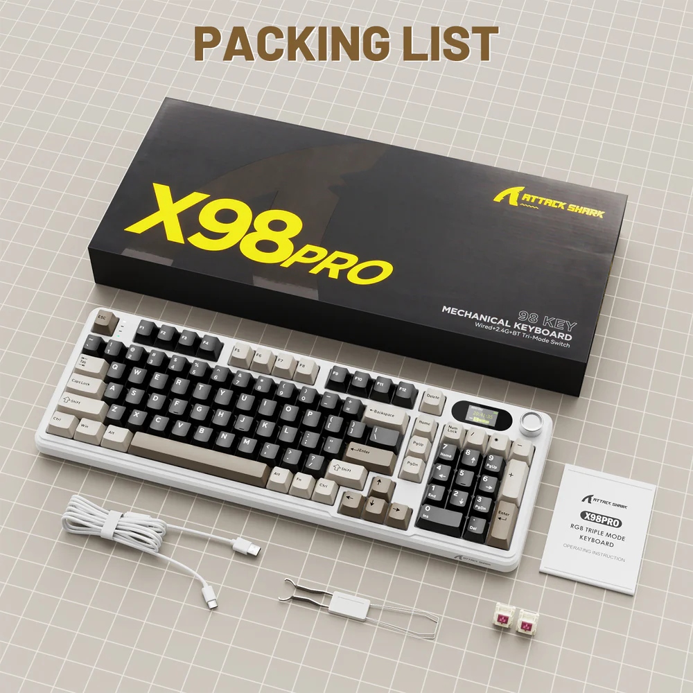 Клавіатура ігрова механічна Attack Shark X98 Pro 99кл. RGB, Wireless, TFT disp, Cheese white (X98PROCW_AS) Білий на малюнкі №2