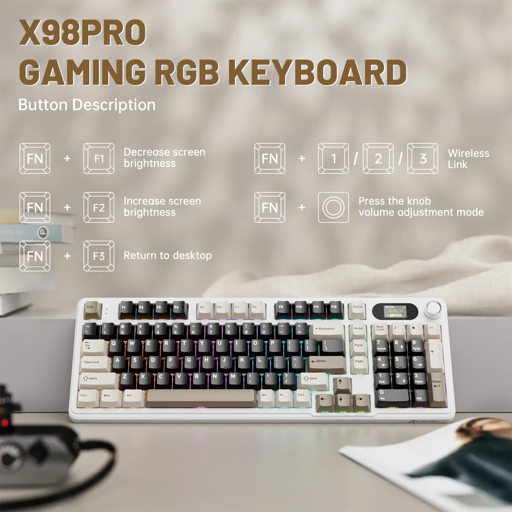Клавіатура ігрова механічна Attack Shark X98 Pro 99кл. RGB, Wireless, TFT disp, Cheese white (X98PROCW_AS) Білий на малюнкі №8