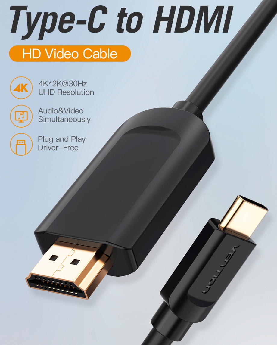 Кабель USB 3.1 Type-C M - HDMI M, 1.5m 4K 30 Гц Thunderbolt 3 HDCP2.2 PVC Black Vention (CGUBG) на малюнкі №5