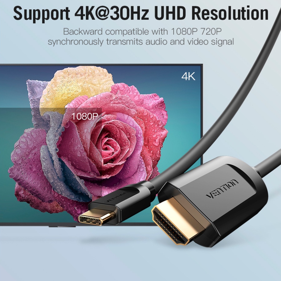 Кабель USB 3.1 Type-C M - HDMI M, 1.5m 4K 30 Гц Thunderbolt 3 HDCP2.2 PVC Black Vention (CGUBG) на малюнкі №6
