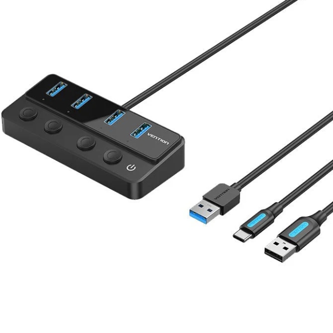 Хаб USB 3.0 - 4xUSB 3.0, з вимикачами, 1.0м, з живленням USB-С,чорний Vention (CHWBF) на малюнкі №1
