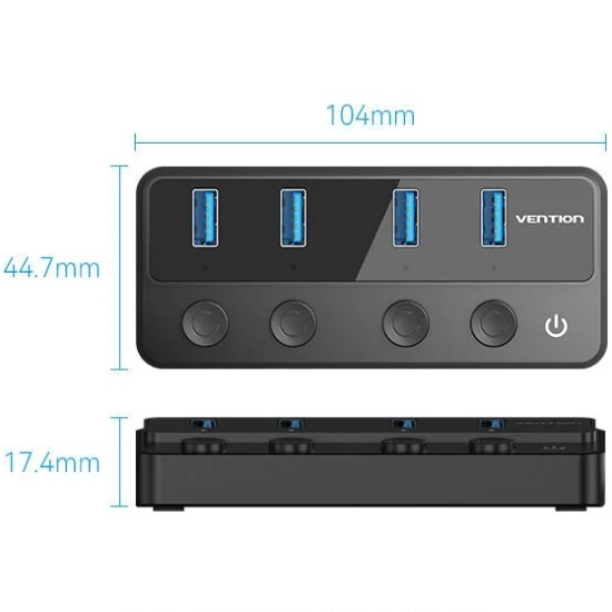 Хаб USB 3.0 - 4xUSB 3.0, з вимикачами, 1.0м, з живленням USB-С,чорний Vention (CHWBF) на малюнкі №2