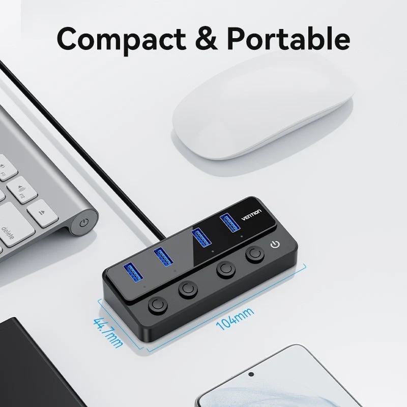 Хаб USB 3.0 - 4xUSB 3.0, з вимикачами, 1.0м, з живленням USB-С,чорний Vention (CHWBF) на малюнкі №3