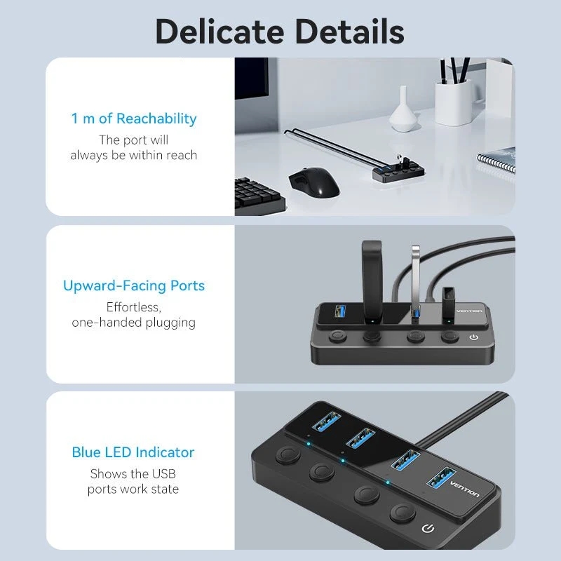 Хаб USB 3.0 - 4xUSB 3.0, з вимикачами, 1.0м, з живленням USB-С,чорний Vention (CHWBF) на малюнкі №4