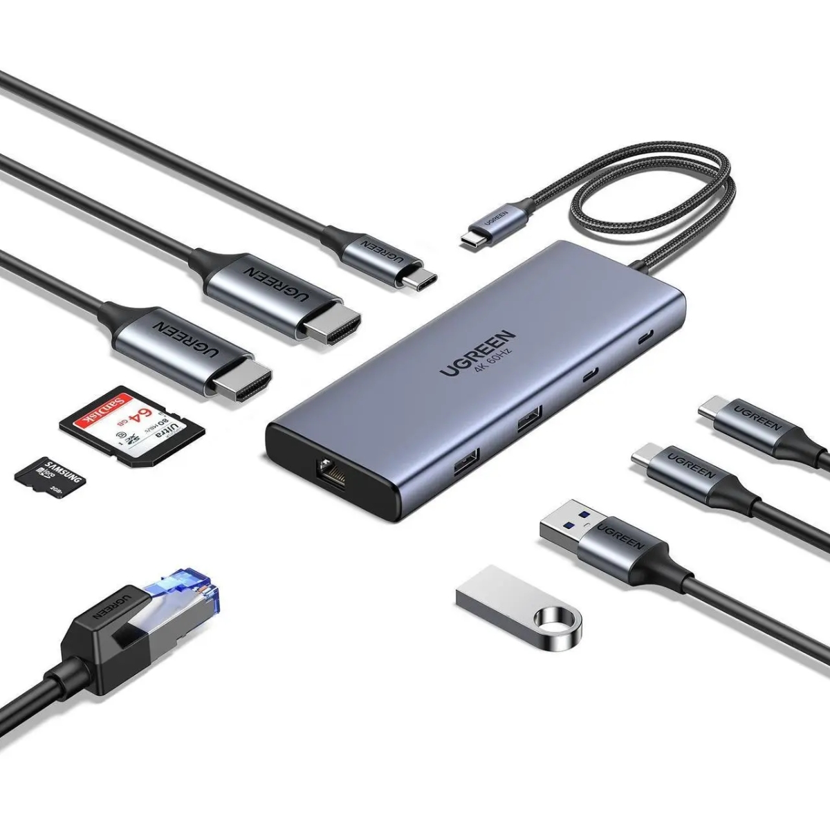 Док-станція USB3.2 Type-C -- HDMIx2,4K60Hz/2xUSB-A/2xUSB-C 3.2/ RJ45/SD/TF/PD 100W CM639 Ugreen (45380) на малюнкі №2