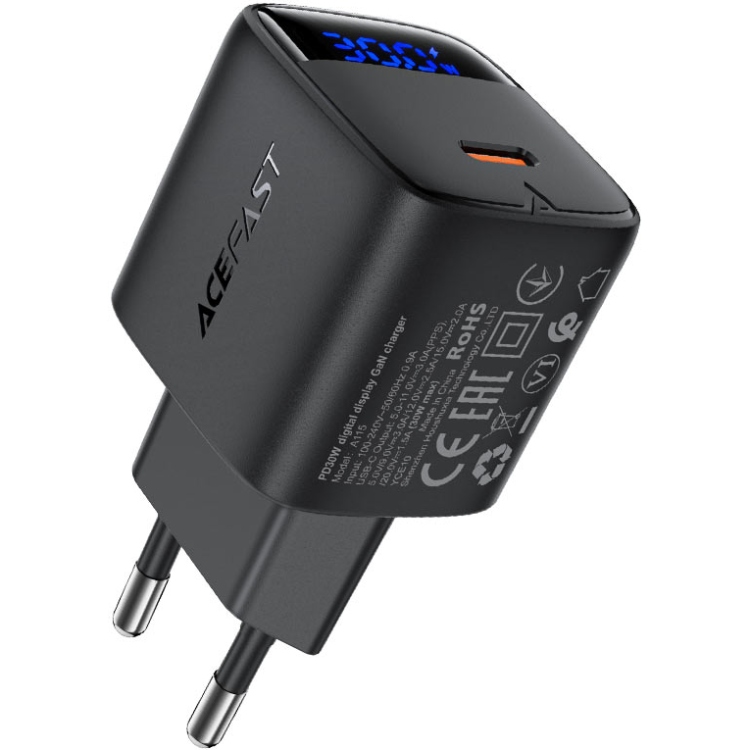 Зарядний пристрій 1xUSB-С 30W with digital display Gan A115 Black Acefast (6974316284444) на малюнкі №1