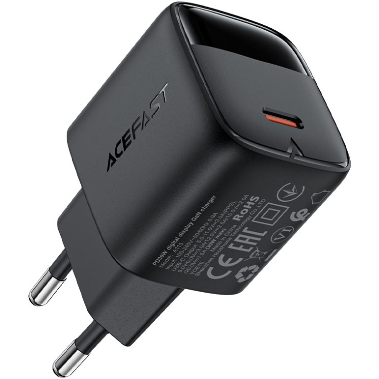 Зарядний пристрій 1xUSB-С 30W with digital display Gan A115 Black Acefast (6974316284444) на малюнкі №3