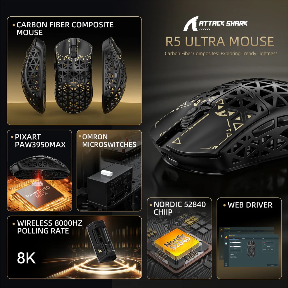 Мишка Attack Shark R5 Ultra, Wireless, PAW3950MAX сенсор, 42000dpi, 6кн, Black (R5ULTRAB_AS) Чорний на малюнкі №3