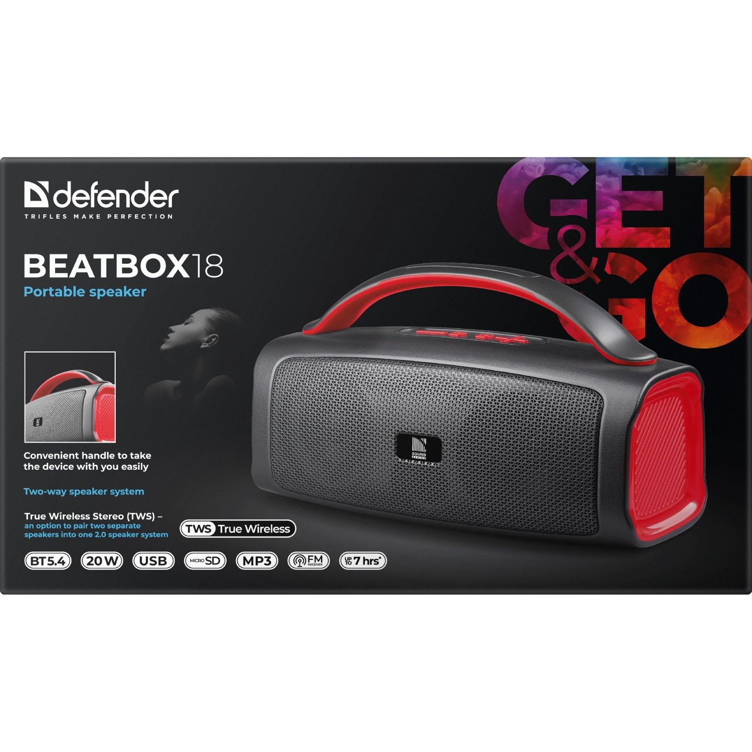 Акустична система 1.0 Defender Beatbox 18 20Вт Bluetooth//FM/USB/TF/TWS/1500мАч чорна (65218) чорний+червоний на малюнкі №6