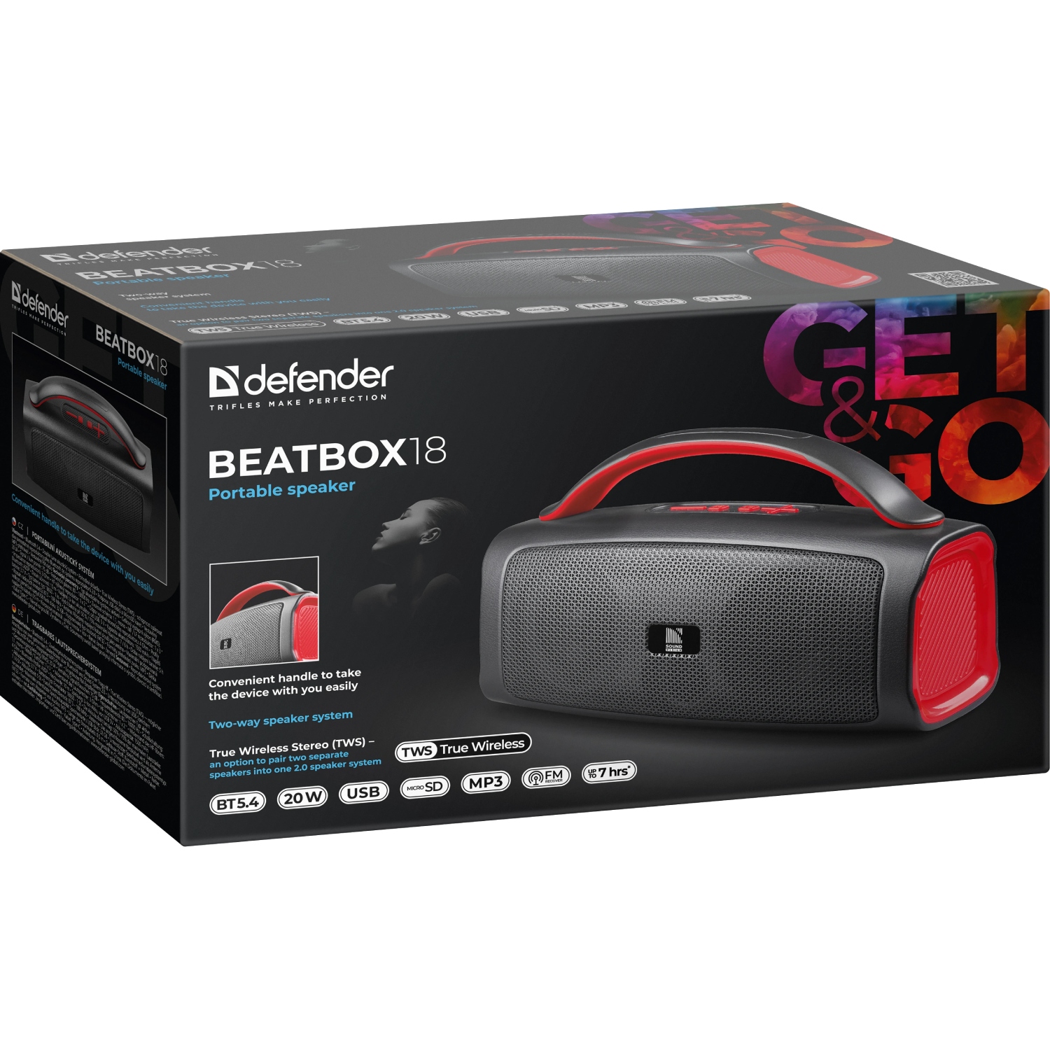 Акустична система 1.0 Defender Beatbox 18 20Вт Bluetooth//FM/USB/TF/TWS/1500мАч чорна (65218) чорний+червоний на малюнкі №7