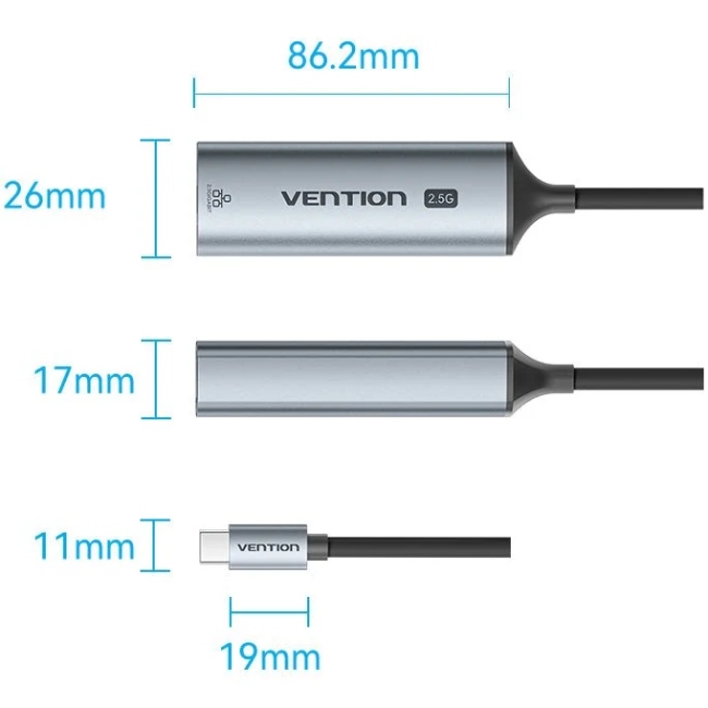 Перехідник USB-С 3.1 -- Ethernet RJ45 2500Mb, Aluminum Alloy, чорний Vention (CFTHB) на малюнкі №2