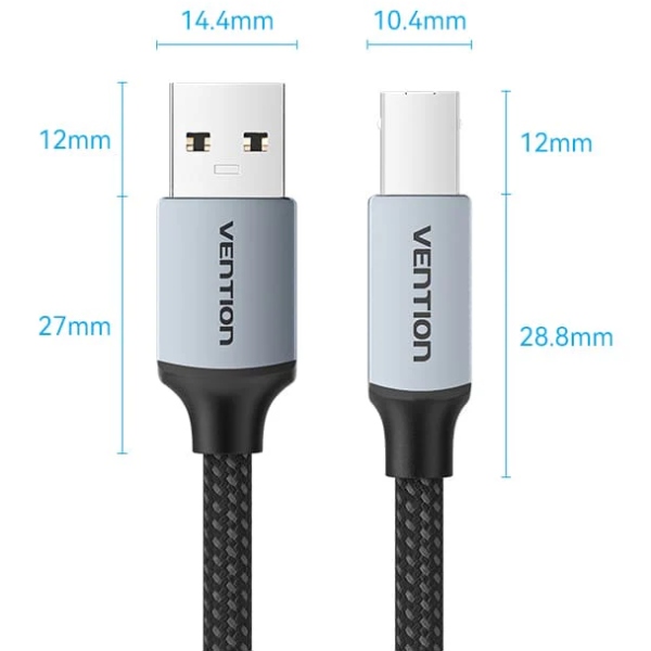 Кабель USB 2.0 AM-BM, 3.0м, 480Mbps Printer, обплетення, Aluminum Alloy, сірий Vention (CTTHI) Чорний з сірим на малюнкі №2