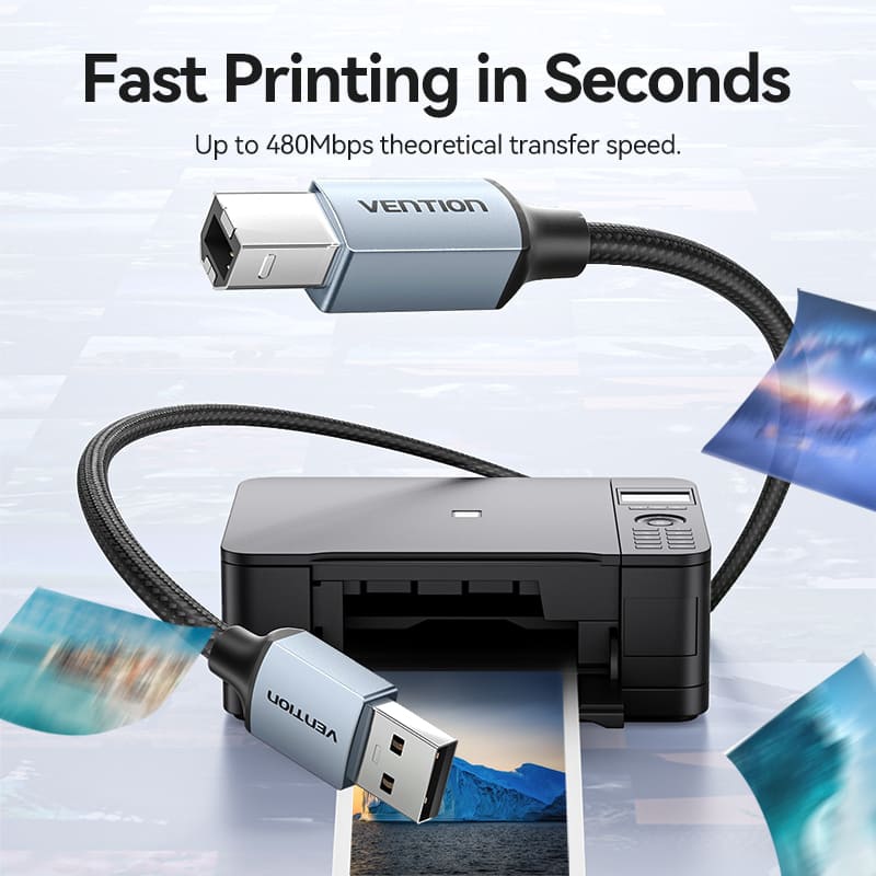 Кабель USB 2.0 AM-BM, 3.0м, 480Mbps Printer, обплетення, Aluminum Alloy, сірий Vention (CTTHI) Чорний з сірим на малюнкі №5