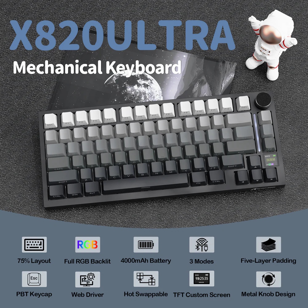 Клавіатура ігрова механічна Attack Shark X820 Ultra 81кл. RGB, Wireless, Shark Axis, Moonlight (X820ULTRASA_AS) Чорний на малюнкі №2