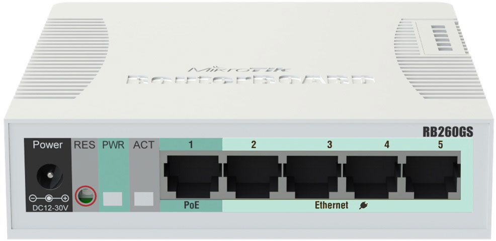 Комутатор Mikrotik RB260GS, 5 Gigabit ports and SFP cage, SwOS, plastic case, PSU (CSS106-5G-1S) на малюнкі №1
