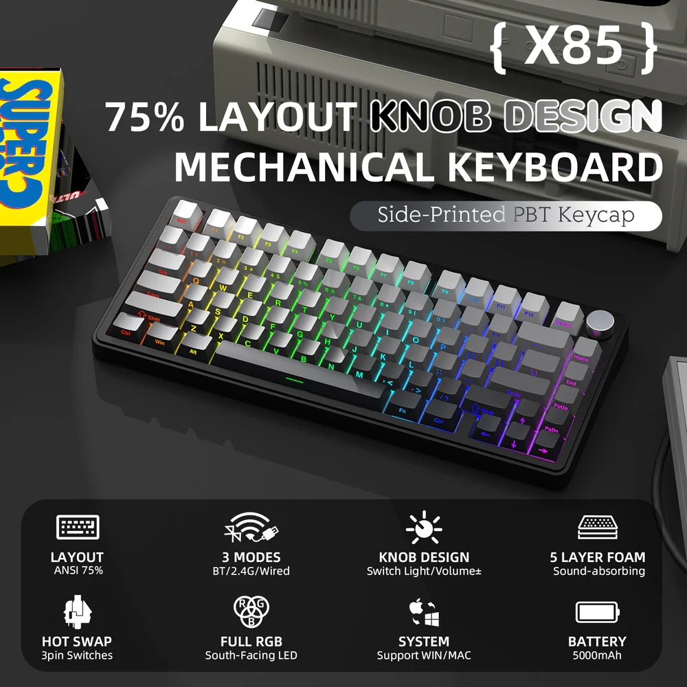 Клавіатура ігрова механічна Attack Shark X85 82кл. RGB,Wireless, White Jade перемикачі Moonlit Night (X85MN_AS) Чорний на малюнкі №2