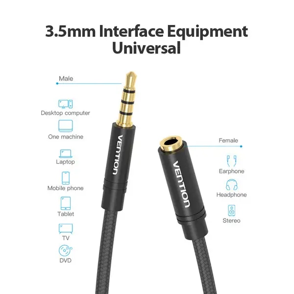 Кабель AUX Audio TRS M/F 2.0м Gold-Plated, нейлонове обплетення, Vention (BHBBH) Чорний на малюнкі №4