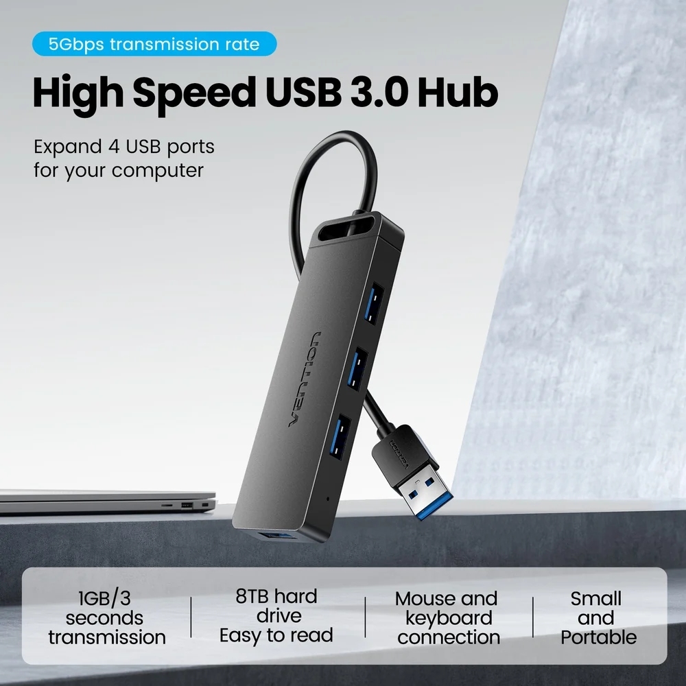 Хаб USB 3.0 - 4xUSB 3.0, 1.0м, з живленням Micro-USB,чорний Vention (CHLBF-SCB2) на малюнкі №4
