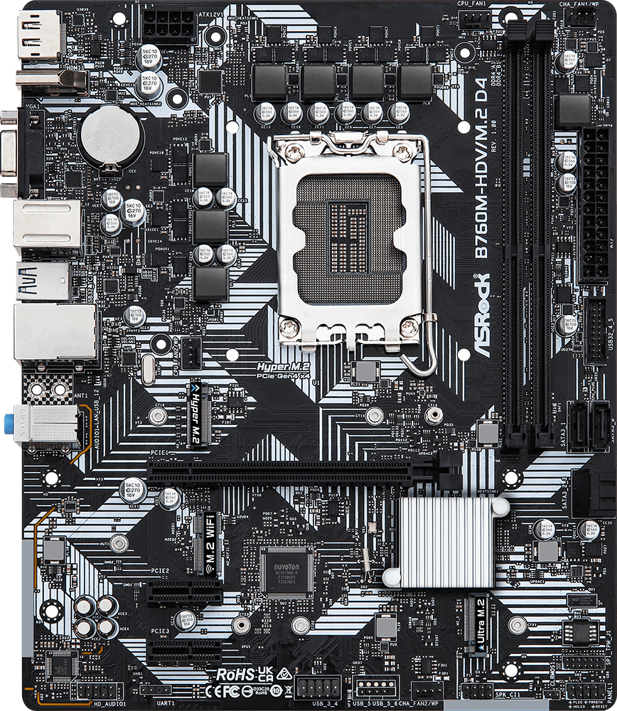 ASRock (1700/B760, 2*DDR4, 1xPCIex16, 4xSATA, 3xM.2, GLan, 7.1ch, mATX) (B760M-HDV/M.2 D4) на малюнкі №1