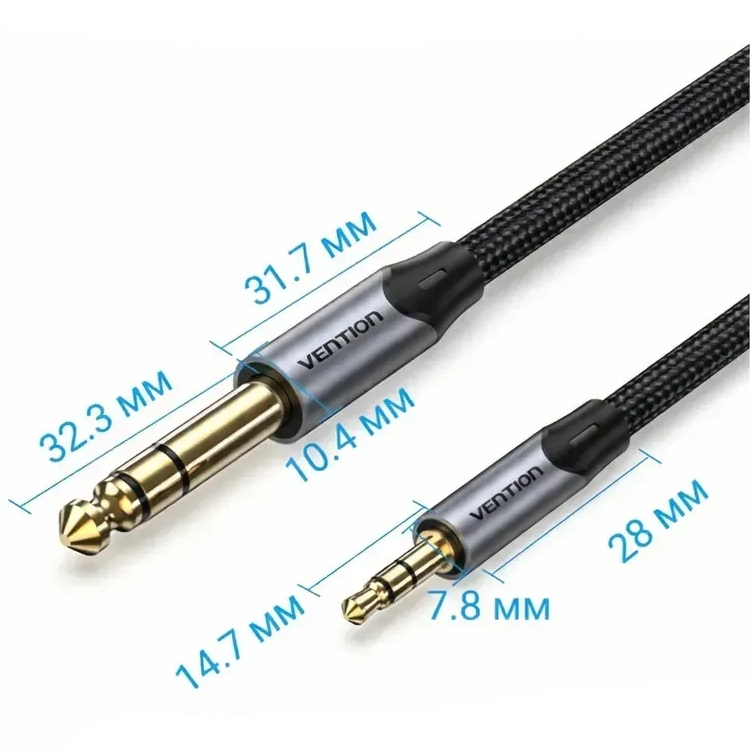 Кабель AUX Audio TRS M-M 3.5мм-6,35мм, 3.0м, сірий, Aluminum Alloy, Vention (BAUHI) Чорний на малюнкі №2