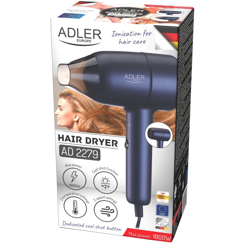 Фен Adler AD 2279b blue 1800Вт/ 2 швидкості/ хол.обдув/ темп.режимів-2/іонізація/ насадки - 1 шт. (AD2279B) Синій на малюнкі №7