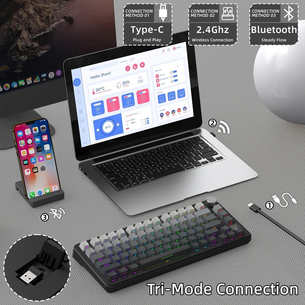 Клавіатура ігрова механічна Attack Shark X85PRO 82кл. RGB, Wireless, Moonlit Night (X85PROMN_AS) Чорний на малюнкі №3