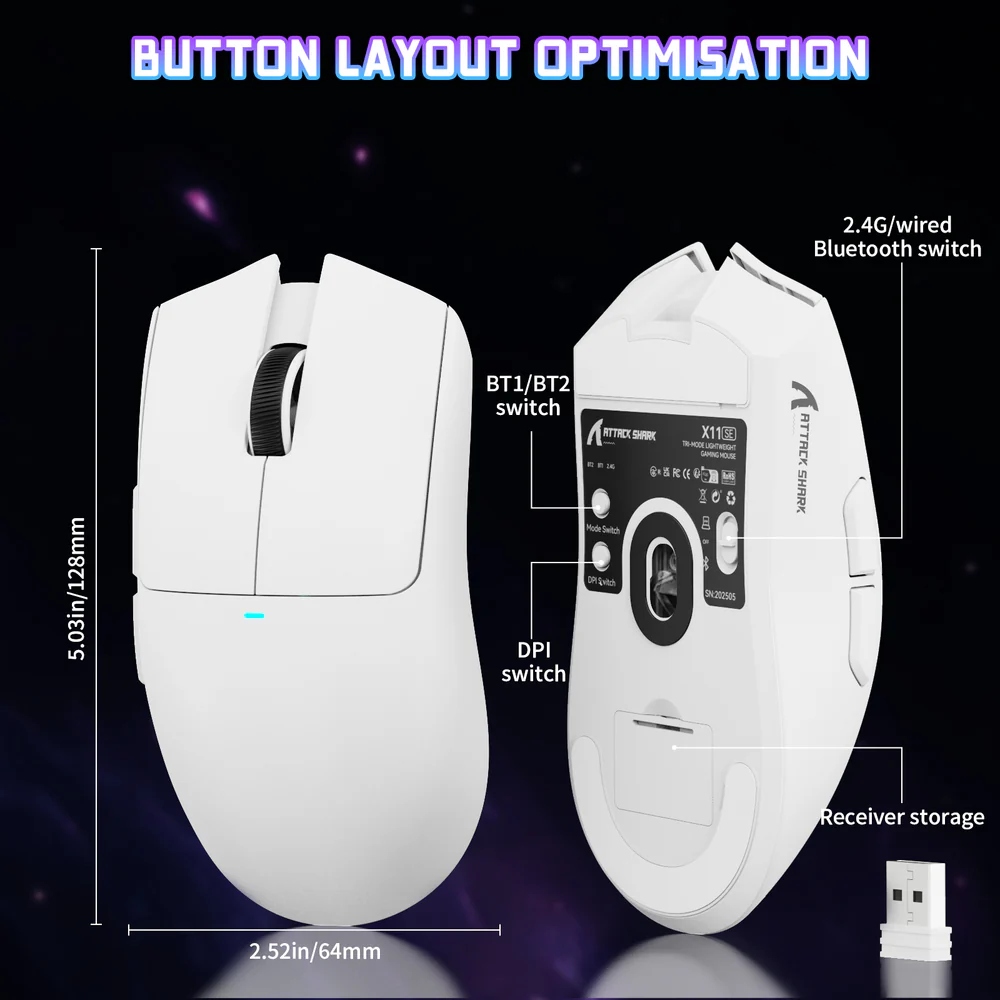 Мишка Attack Shark X11SE, Wireless/Bluetooth, 22000dpi. (PAW3311), 6кн, White (X11SEW_AS) Білий на малюнкі №8