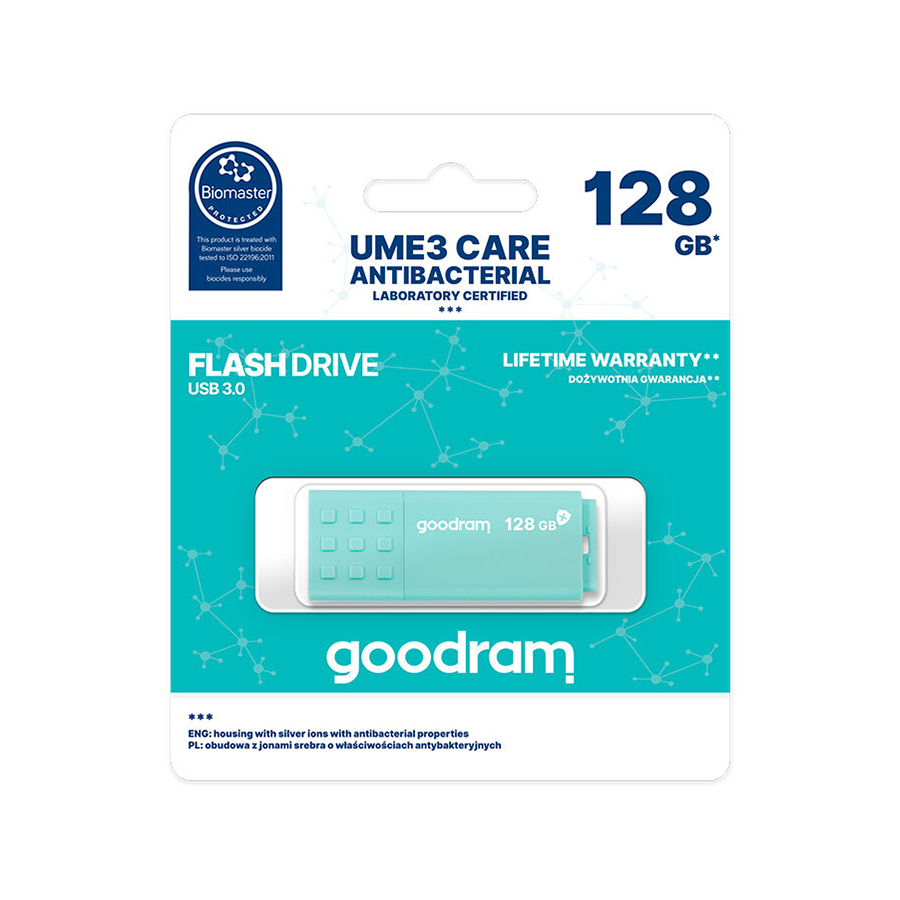 USB Flash GoodRAM 128GB USB 3.0 UME3 CARE Antibacterial, Retail (UME3-1280CRR11#) бірюзовий на малюнкі №3