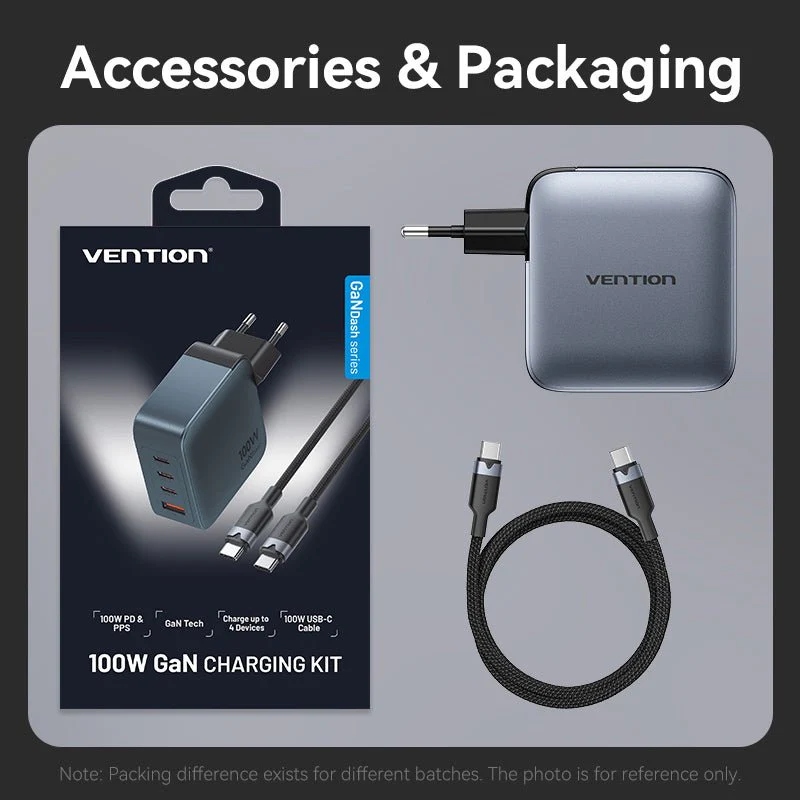 Зарядний пристрій 4xUSB 100W GaN (3хUSB-C+USB-A) + USB-C cable М-М Black Vention (TZ-FETH0-EU) на малюнкі №2
