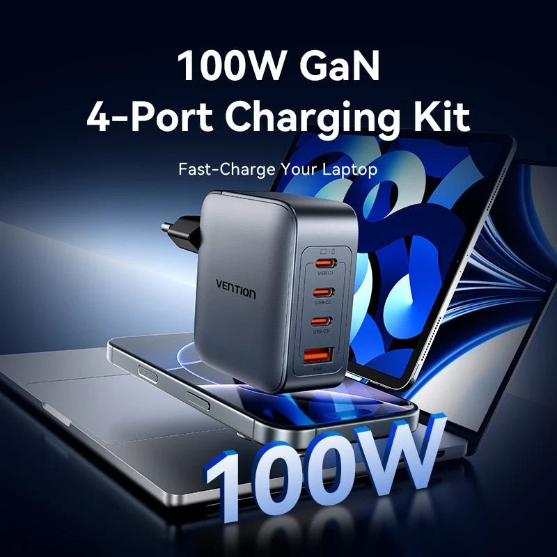 Зарядний пристрій 4xUSB 100W GaN (3хUSB-C+USB-A) + USB-C cable М-М Black Vention (TZ-FETH0-EU) на малюнкі №4