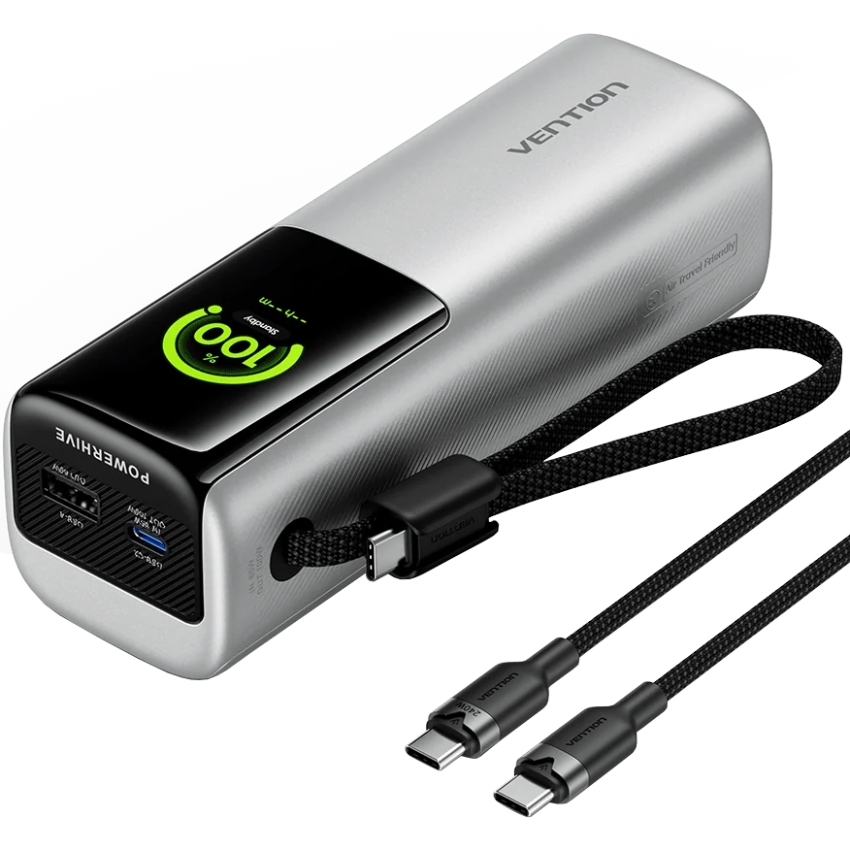 УМБ Vention 20000mAh 165W PD3.1, USB-A, USB-C In/Out, with Built-in USB-C cable, TFT Display, Silver (FKFI0) на малюнкі №1