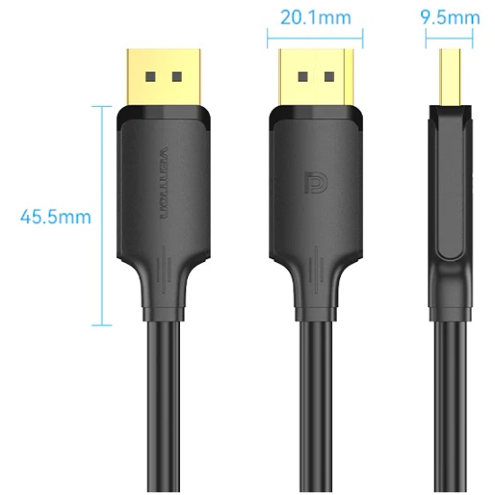 Кабель DisplayPort M - M 1.0 м, V1.2, 4K 60Hz, двонаправлений, чорний, Vention (HAKBF) на малюнкі №2