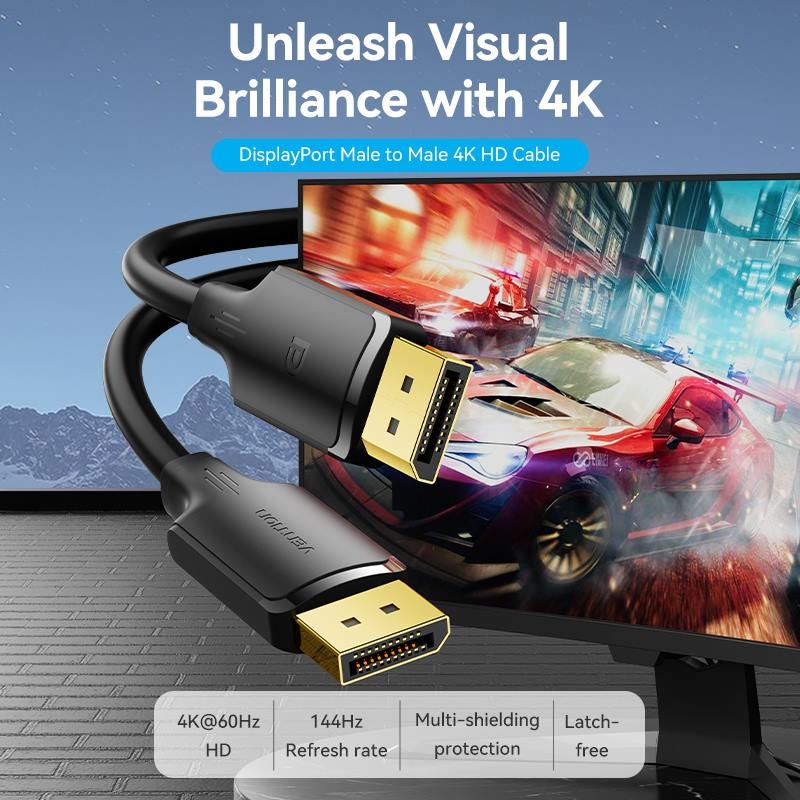 Кабель DisplayPort M - M 1.0 м, V1.2, 4K 60Hz, двонаправлений, чорний, Vention (HAKBF) на малюнкі №3