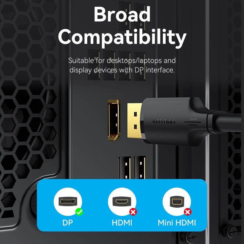 Кабель DisplayPort M - M 1.0 м, V1.2, 4K 60Hz, двонаправлений, чорний, Vention (HAKBF) на малюнкі №8