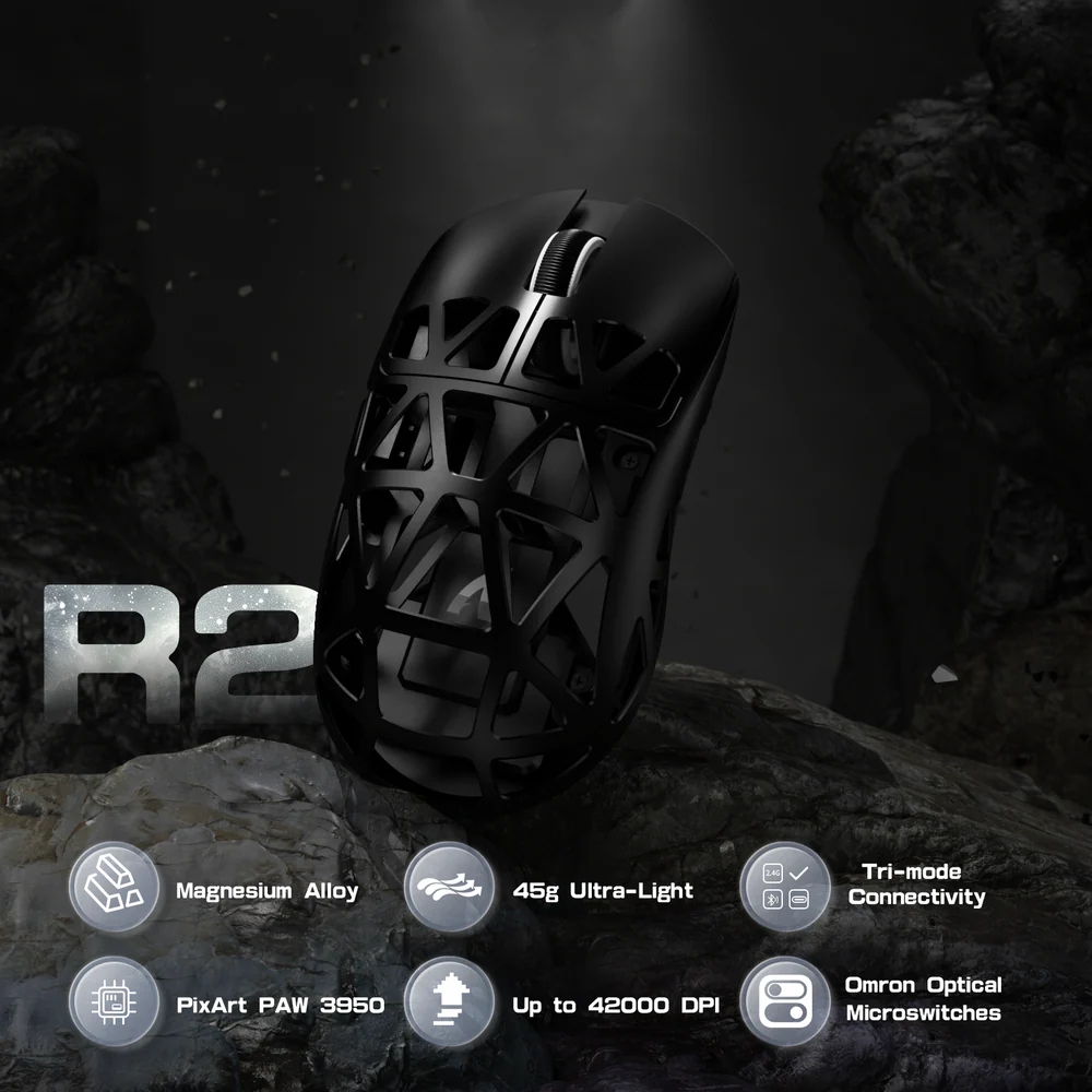 Мишка Attack Shark R2, Wireless/Bluetooth, 42000dpi, (PAW3950), 6кн, Black (R2B_AS) Чорний на малюнкі №8