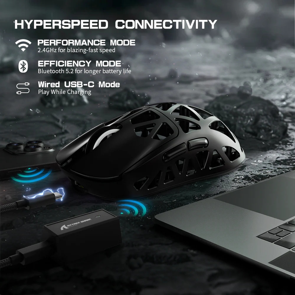 Мишка Attack Shark R2, Wireless/Bluetooth, 42000dpi, (PAW3950), 6кн, Black (R2B_AS) Чорний на малюнкі №13
