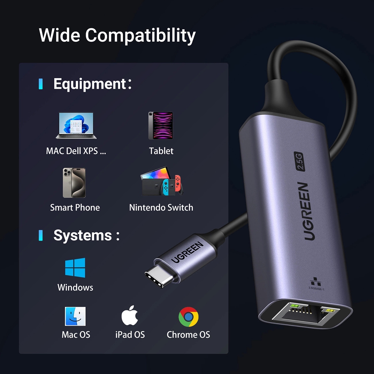 Перехідник USB 3.0 Type-C -- Ethernet RJ45 2.5Gb CM648 Ugreen чорний (25052) на малюнкі №3