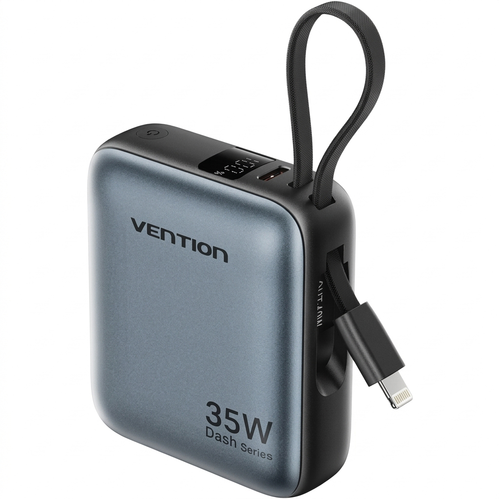 УМБ Vention 10000mAh 35W PD, USB-C In/Out, built-in USB-C, Lightning Cables, LED Display, Gray (FHFH0) на малюнкі №1