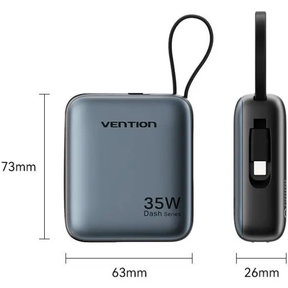 УМБ Vention 10000mAh 35W PD, USB-C In/Out, built-in USB-C, Lightning Cables, LED Display, Gray (FHFH0) на малюнкі №2