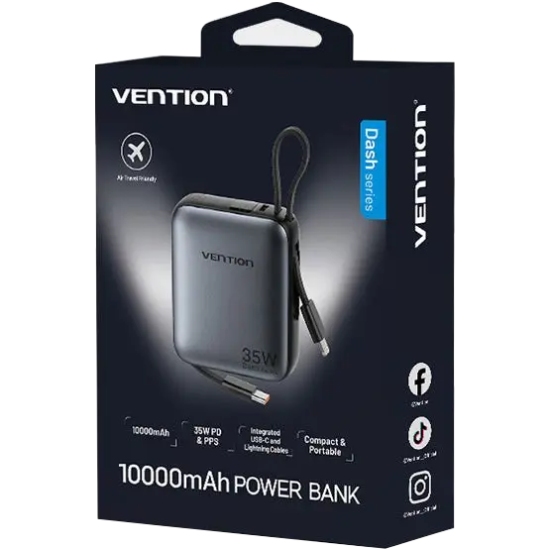 УМБ Vention 10000mAh 35W PD, USB-C In/Out, built-in USB-C, Lightning Cables, LED Display, Gray (FHFH0) на малюнкі №3