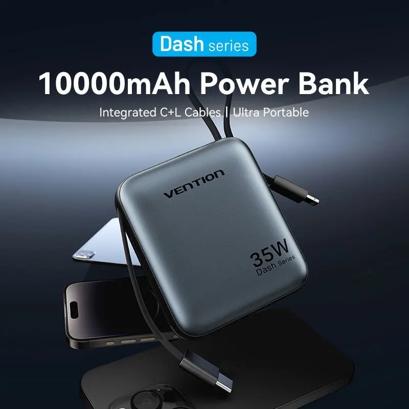 УМБ Vention 10000mAh 35W PD, USB-C In/Out, built-in USB-C, Lightning Cables, LED Display, Gray (FHFH0) на малюнкі №4