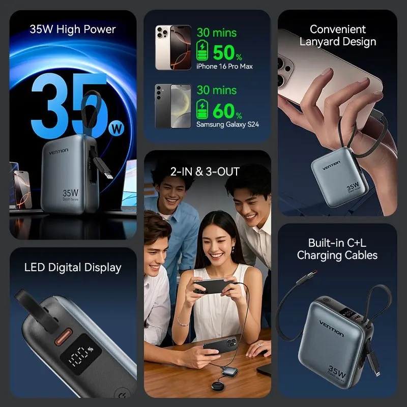 УМБ Vention 10000mAh 35W PD, USB-C In/Out, built-in USB-C, Lightning Cables, LED Display, Gray (FHFH0) на малюнкі №5