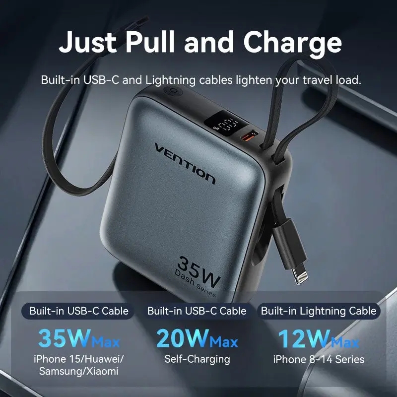 УМБ Vention 10000mAh 35W PD, USB-C In/Out, built-in USB-C, Lightning Cables, LED Display, Gray (FHFH0) на малюнкі №7