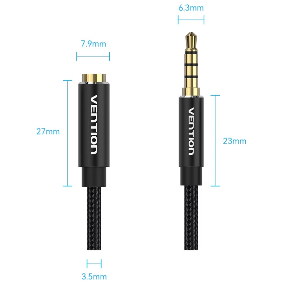 Кабель AUX Audio TRS M/F 3.0м Gold-Plated, нейлонове обплетення, Vention (BHCBI) Чорний на малюнкі №2